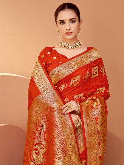Orange Banarasi Satin Silk Woven Saree