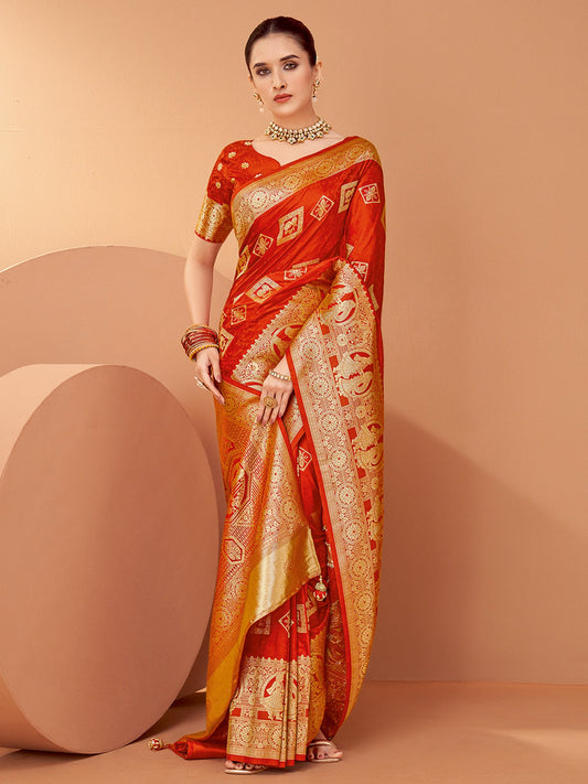 Orange Orange Banarasi Satin Silk Woven Saree