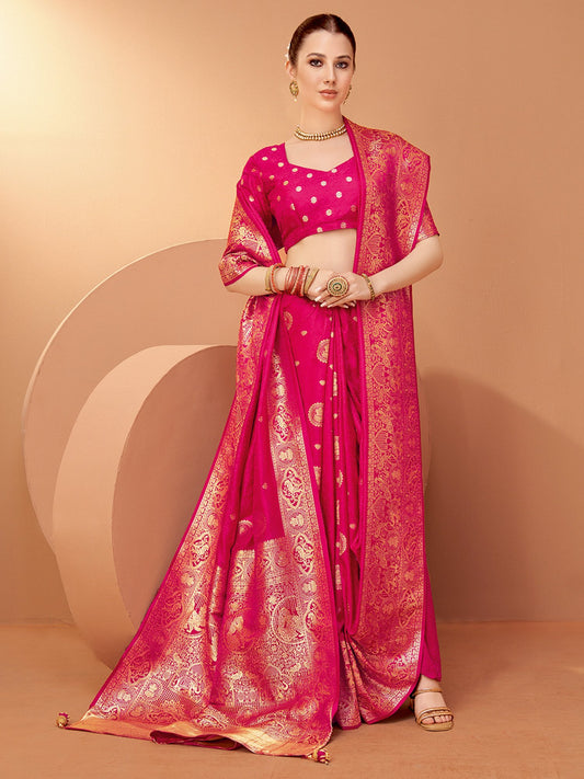 Pink Pink Banarasi Satin Silk Woven Saree