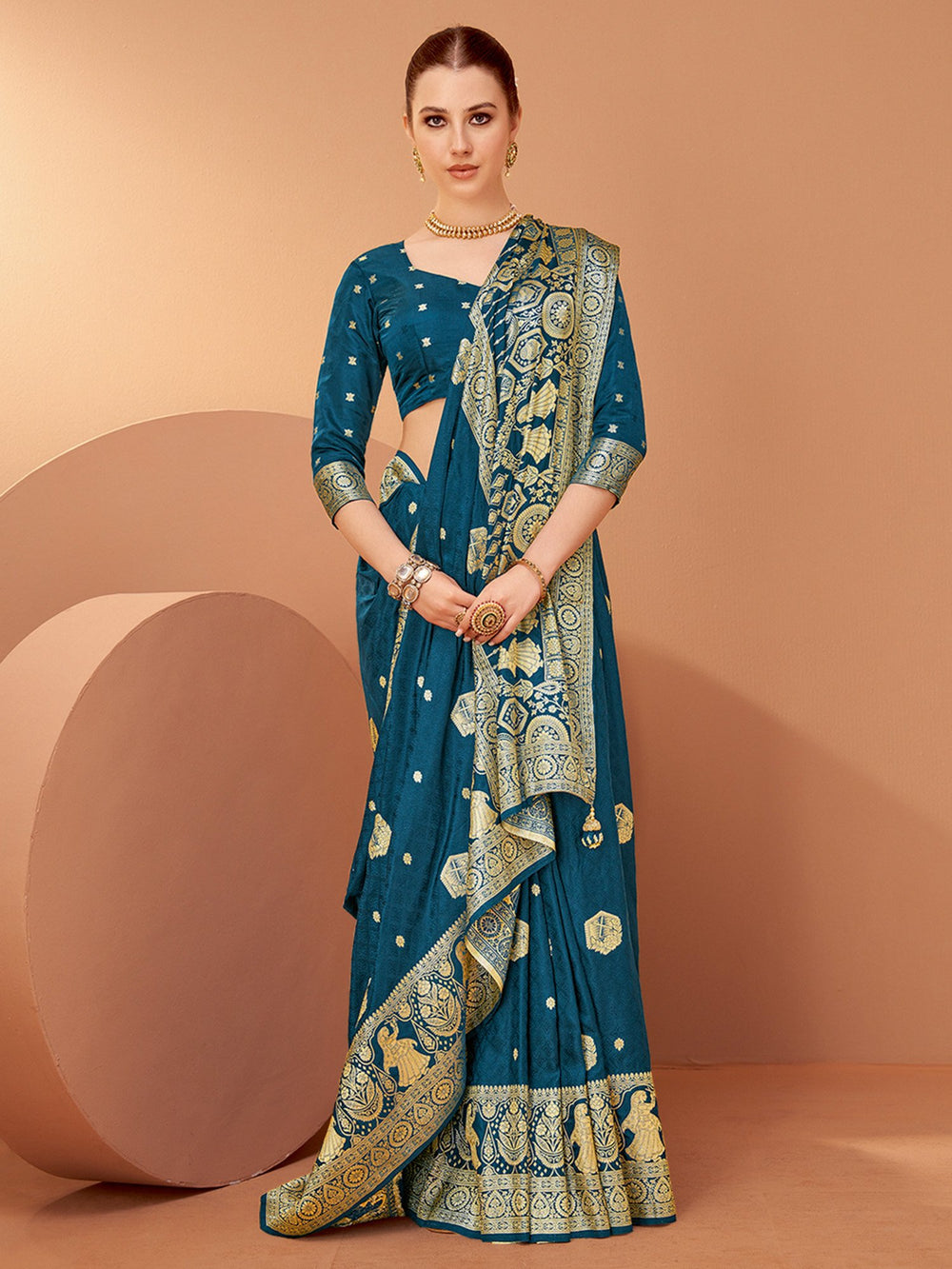 Green Teal Banarasi Satin Silk Woven Saree