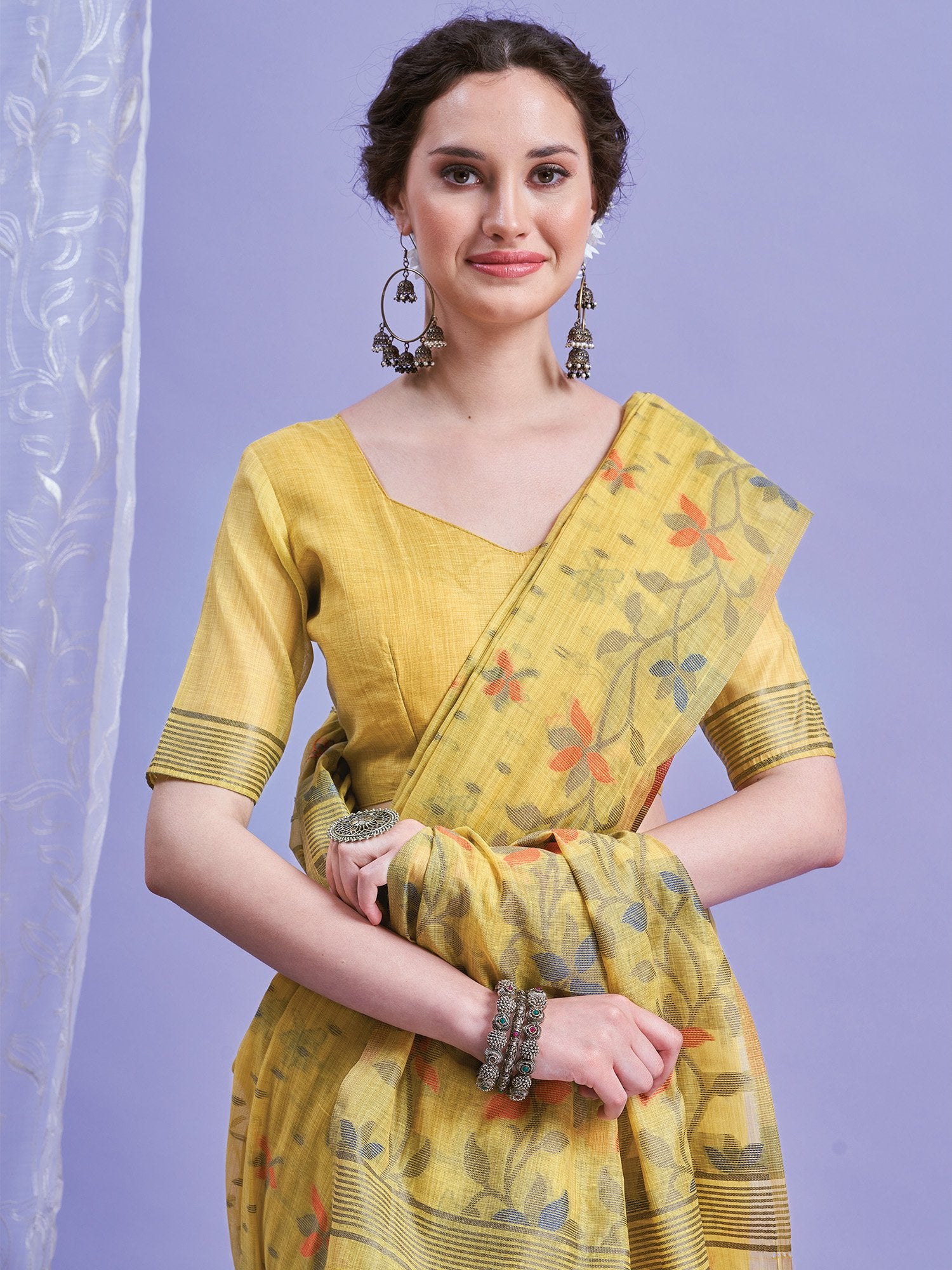 Yellow Khadi Linen Woven Saree