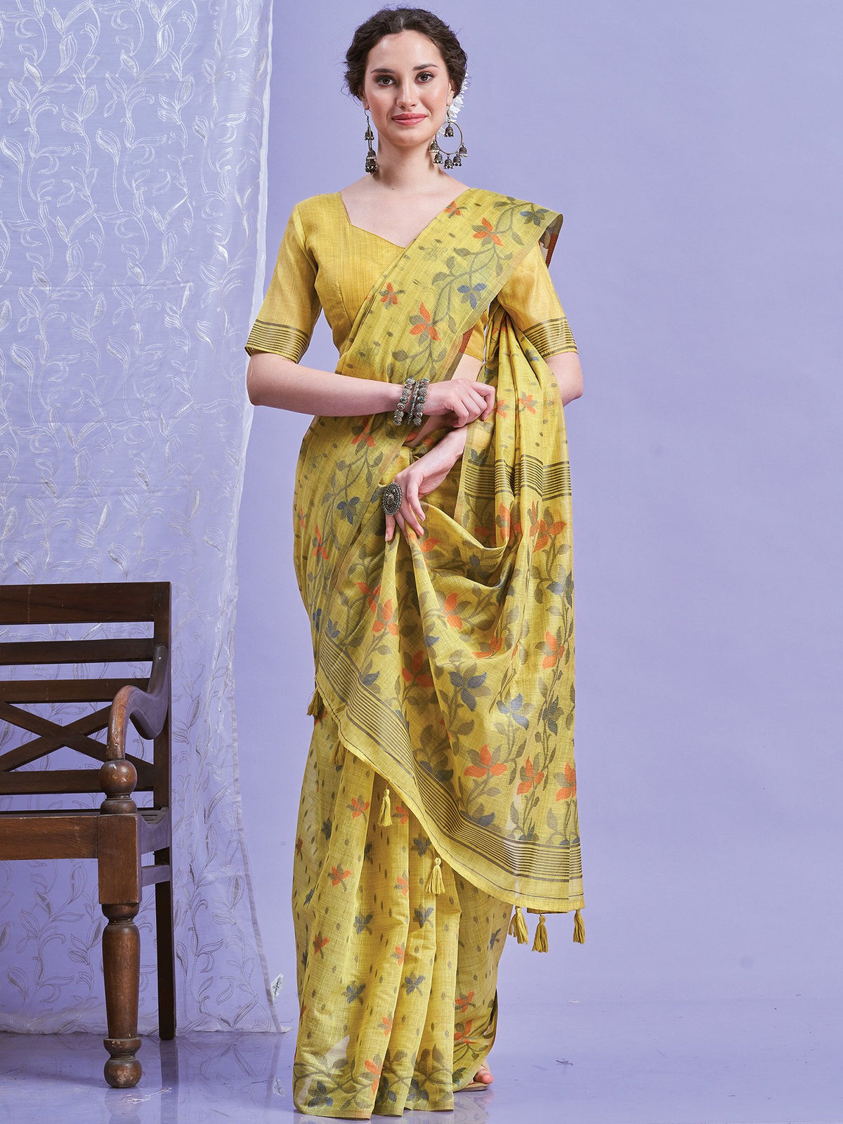 Yellow Yellow Khadi Linen Woven Saree