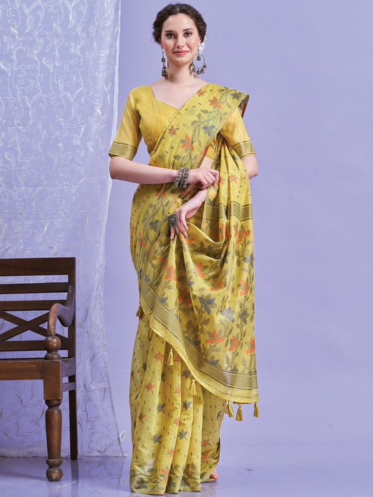 Yellow Yellow Khadi Linen Woven Saree