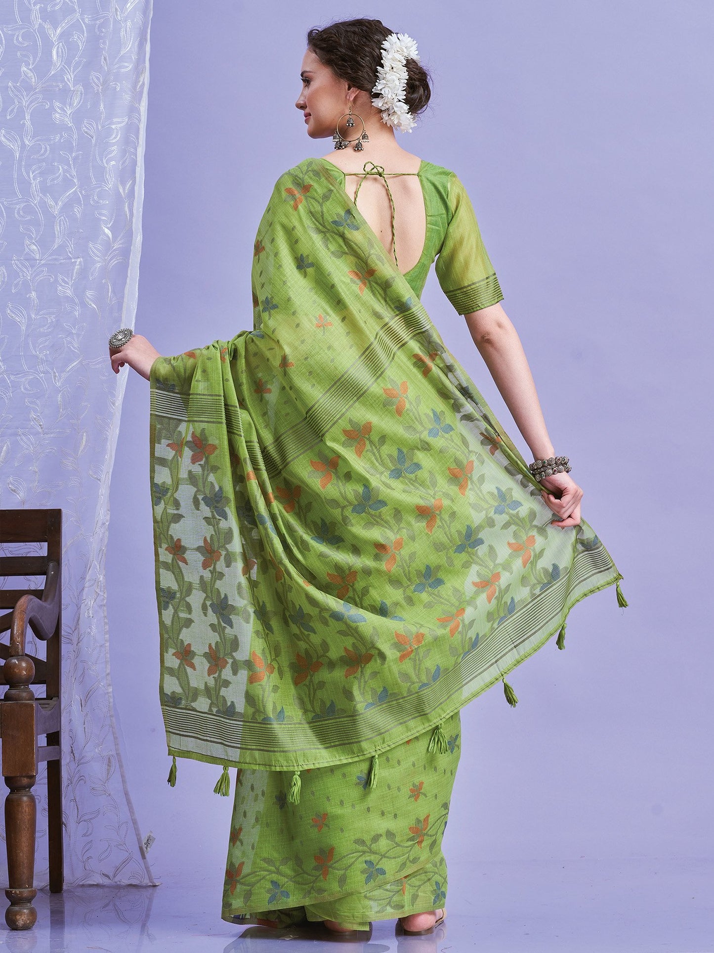 Green Khadi Linen Woven Saree