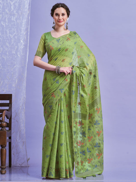Green Green Khadi Linen Woven Saree