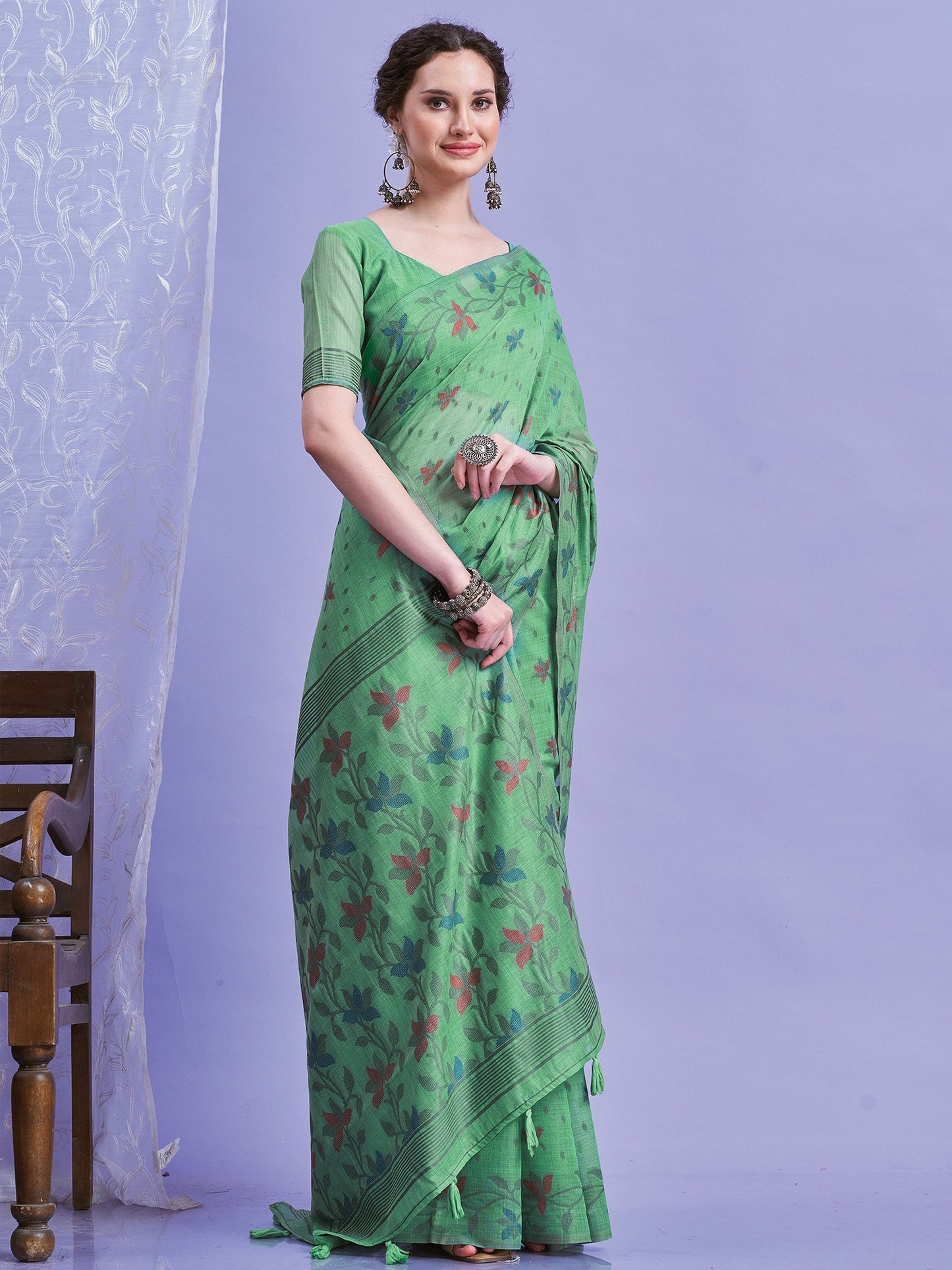 Teal Khadi Linen Woven Saree