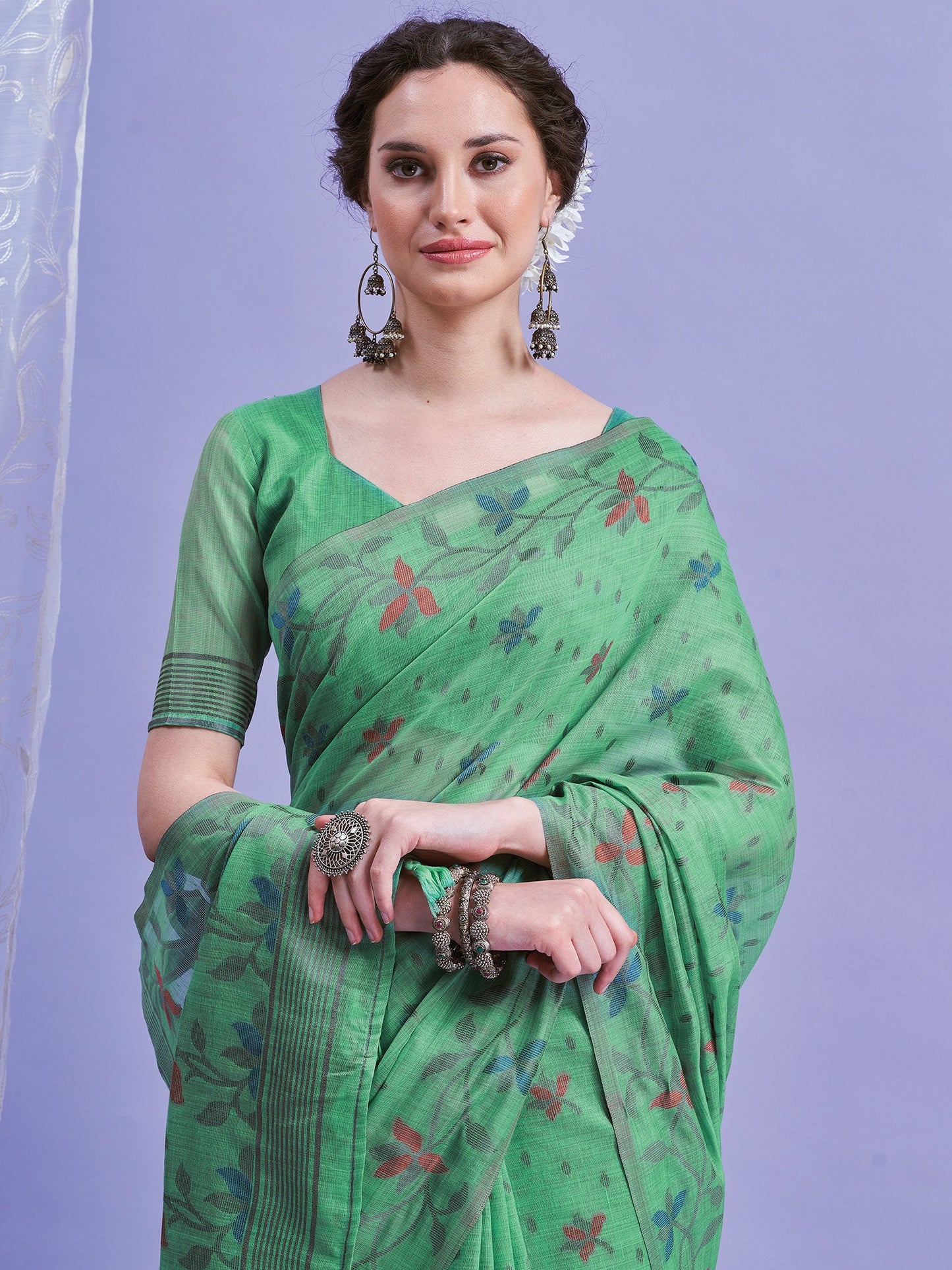 Teal Khadi Linen Woven Saree
