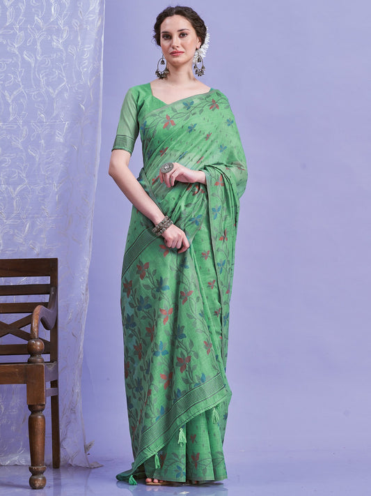 Green Teal Khadi Linen Woven Saree