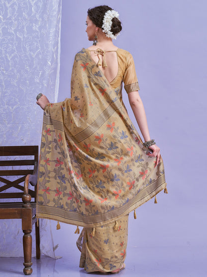 Beige Khadi Linen Woven Saree