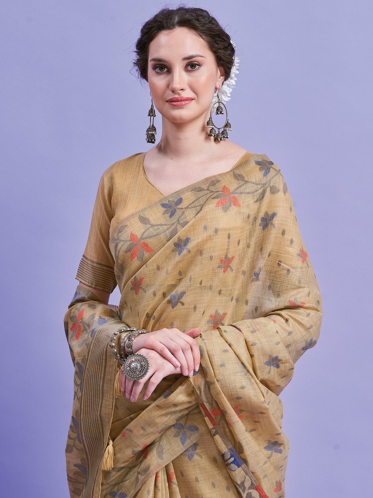 Beige Khadi Linen Woven Saree