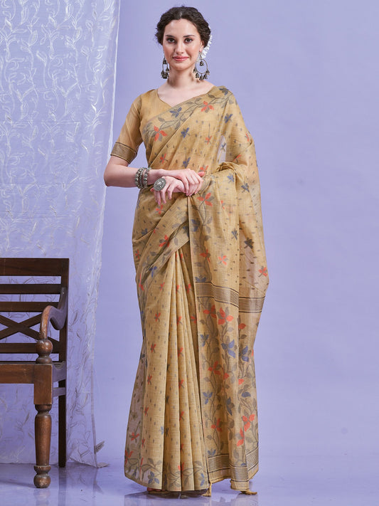 Cream Beige Khadi Linen Woven Saree