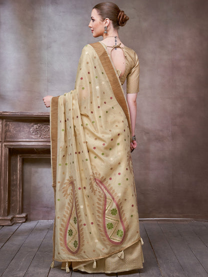 Beige Khadi Linen Woven Saree