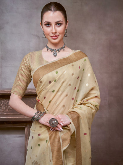 Beige Khadi Linen Woven Saree