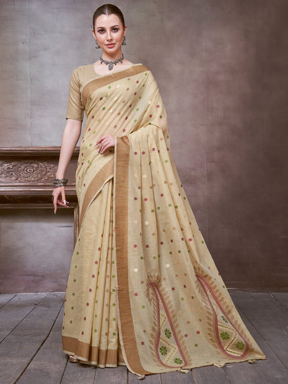 Cream Beige Khadi Linen Woven Saree
