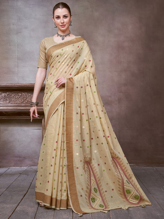 Cream Beige Khadi Linen Woven Saree