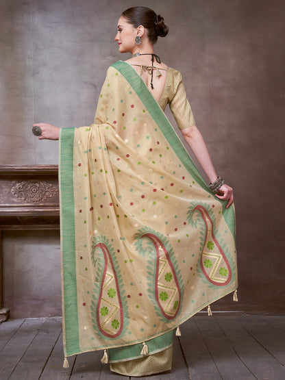 Beige Khadi Linen Woven Saree