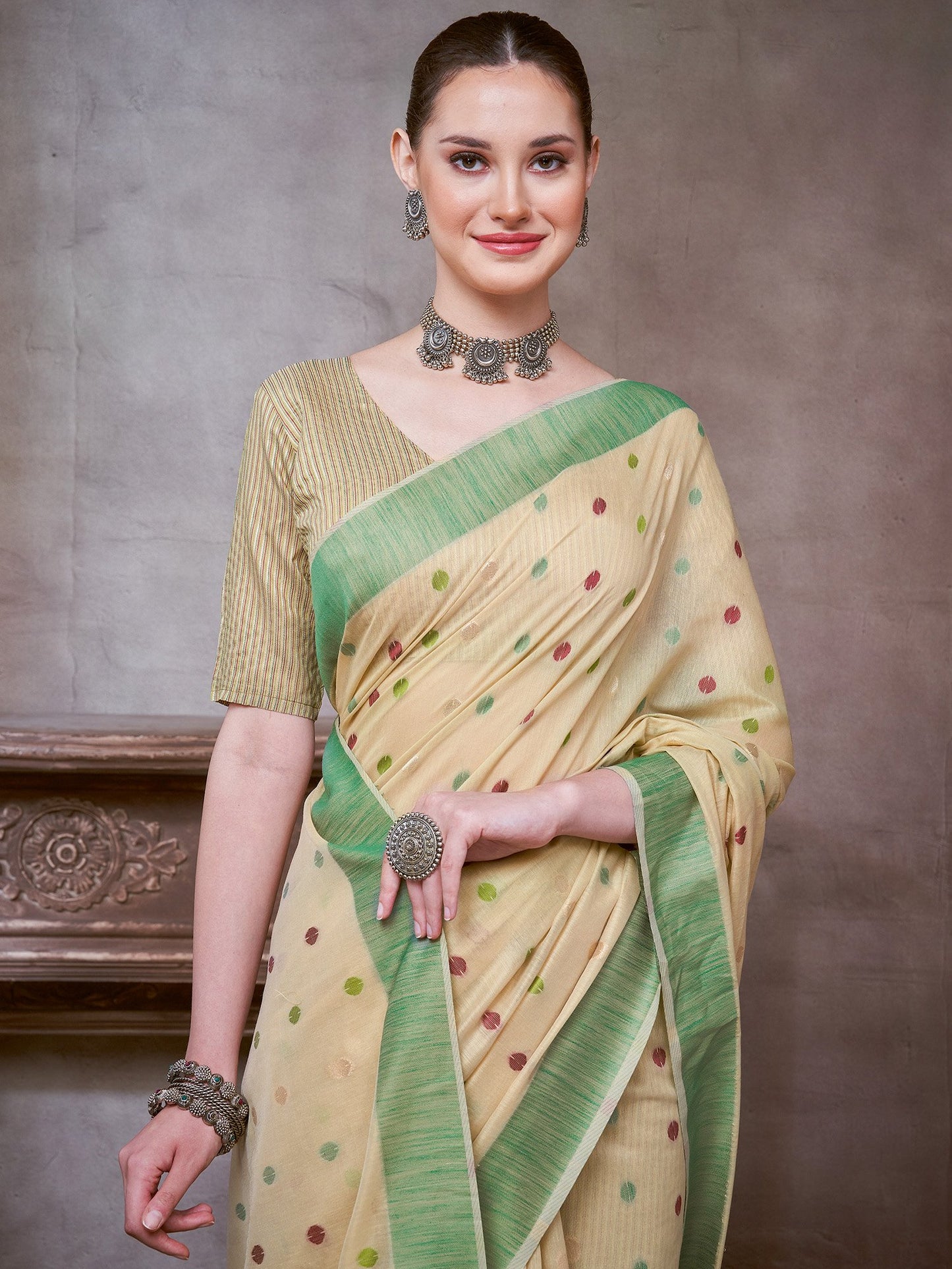 Beige Khadi Linen Woven Saree