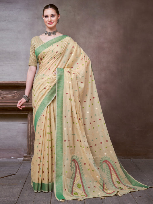Cream Beige Khadi Linen Woven Saree