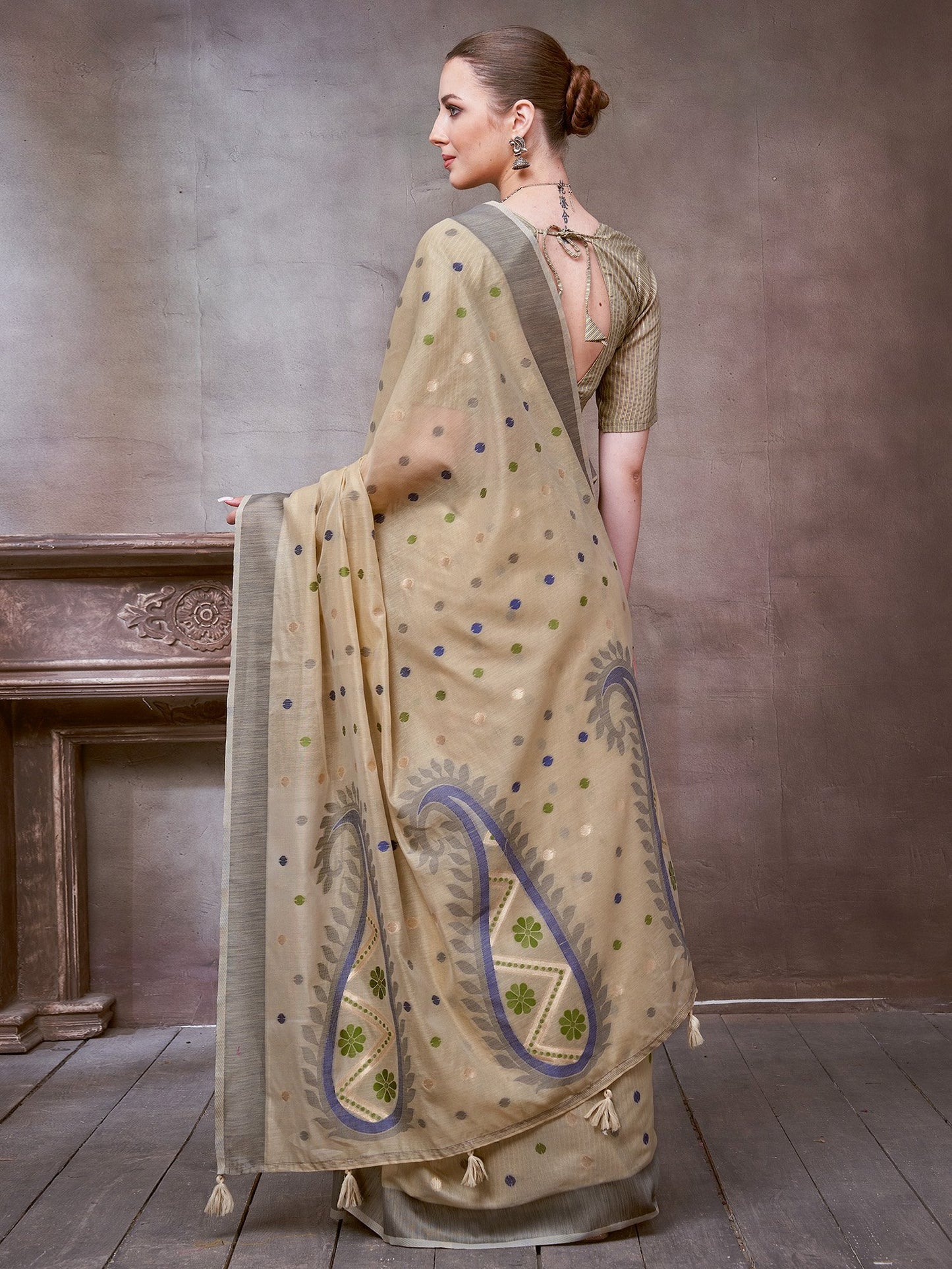 Beige Khadi Linen Woven Saree