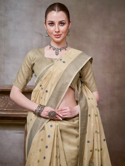 Beige Khadi Linen Woven Saree