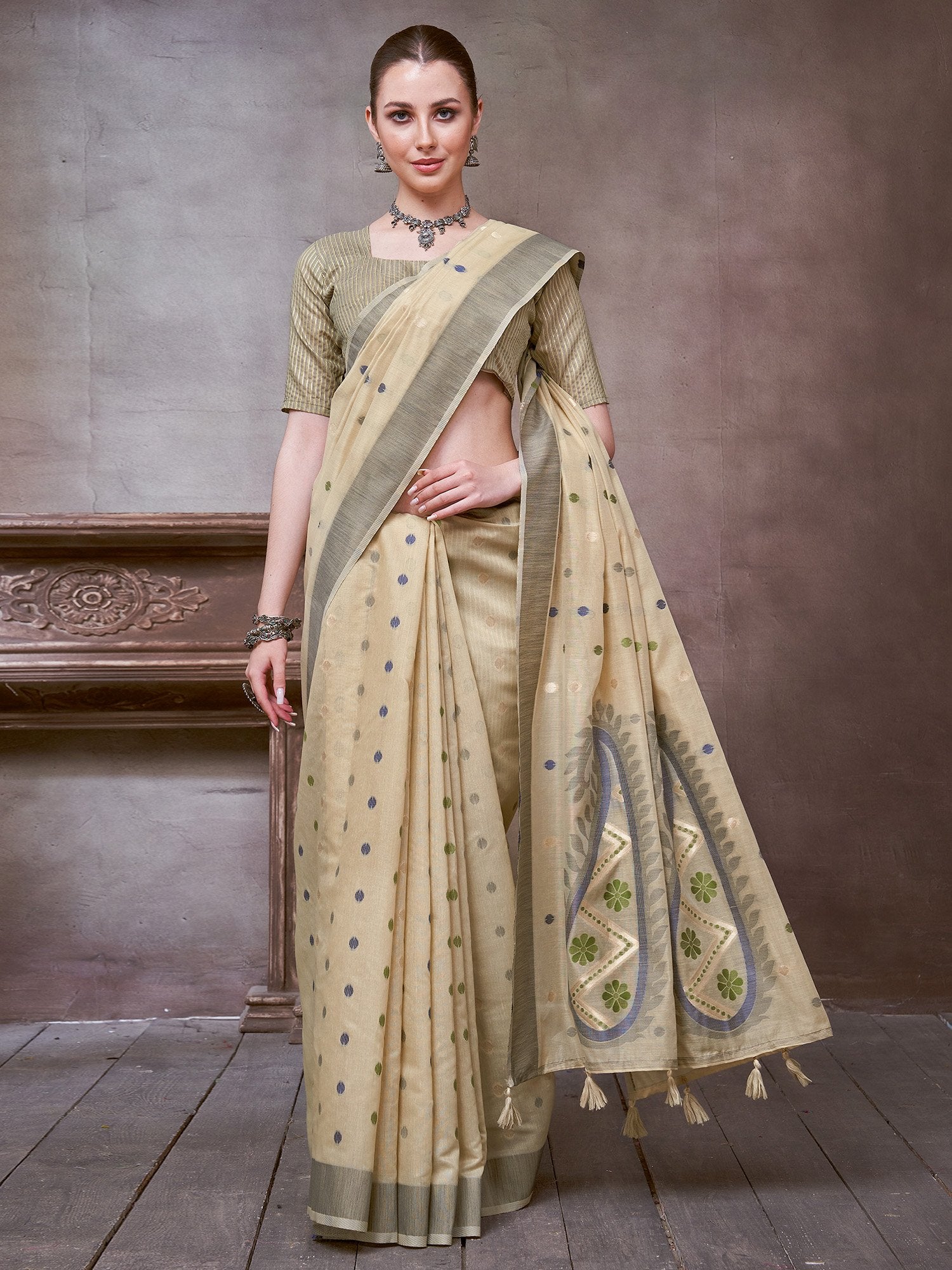 Cream Beige Khadi Linen Woven Saree