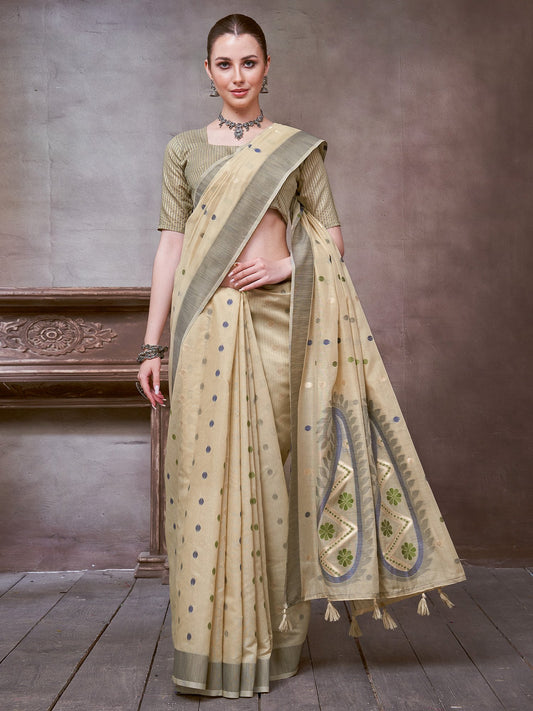 Cream Beige Khadi Linen Woven Saree