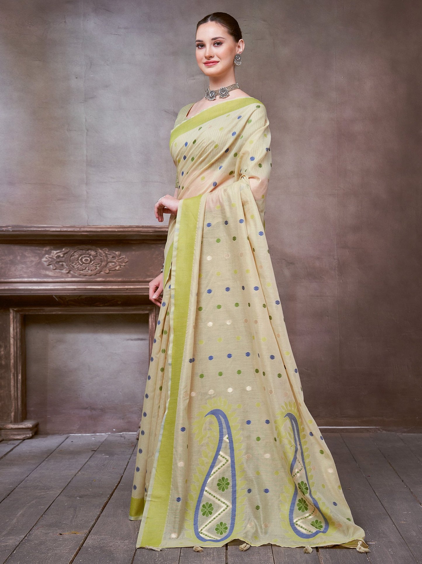 Beige Khadi Linen Woven Saree