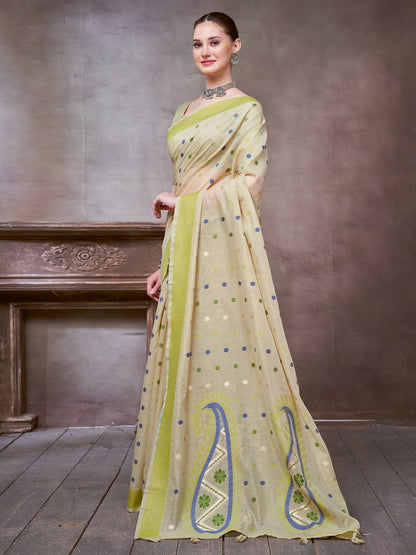 Beige Khadi Linen Woven Saree