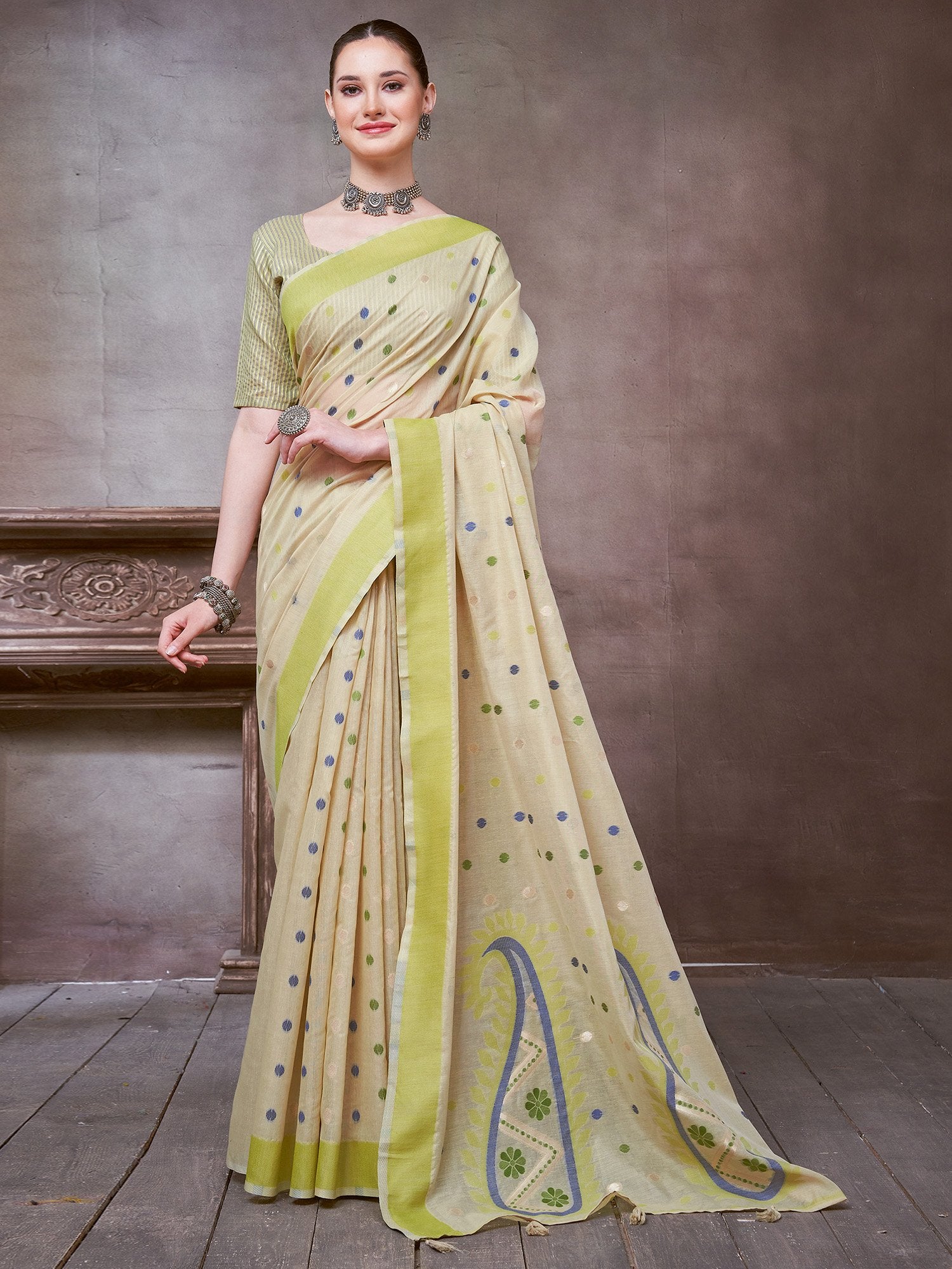 Cream Beige Khadi Linen Woven Saree