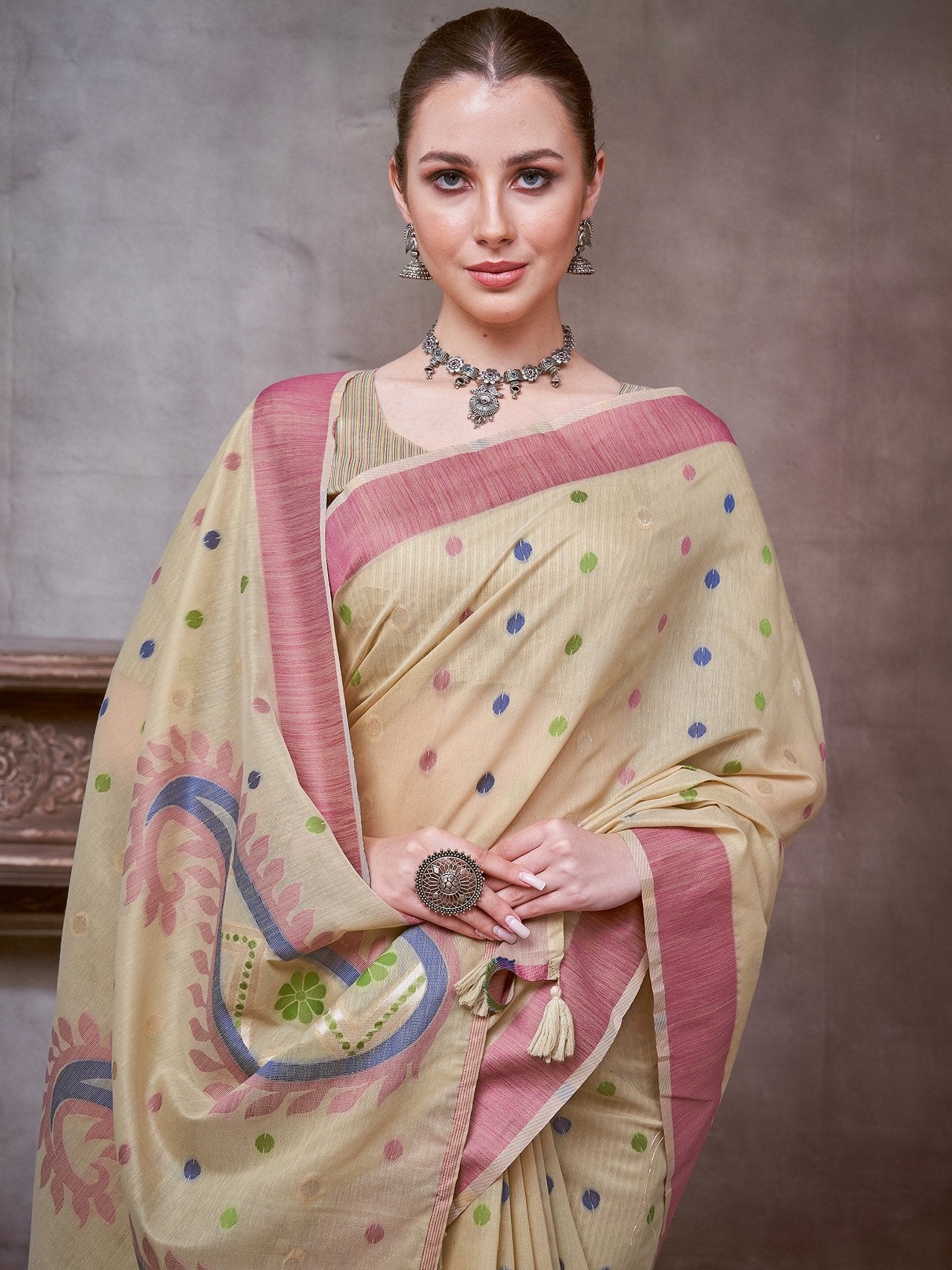 Beige Khadi Linen Woven Saree