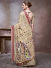 Beige Khadi Linen Woven Saree
