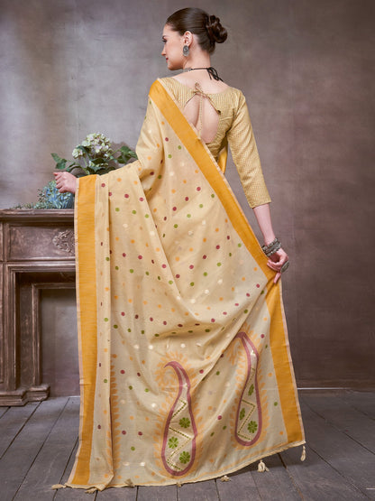 Beige Khadi Linen Woven Saree