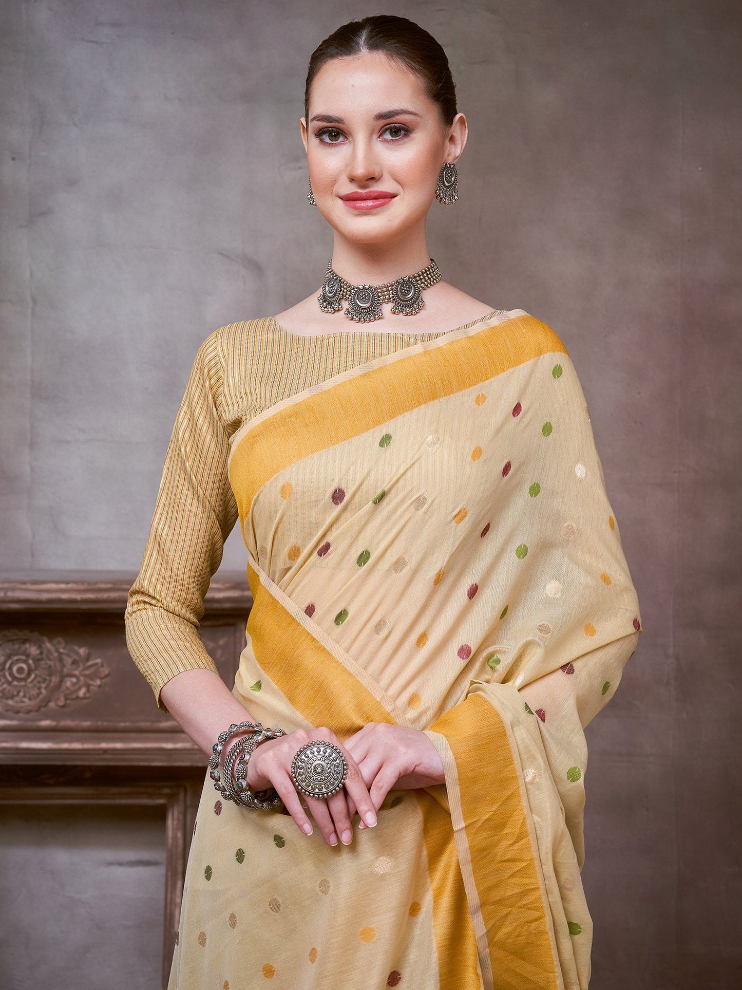 Beige Khadi Linen Woven Saree