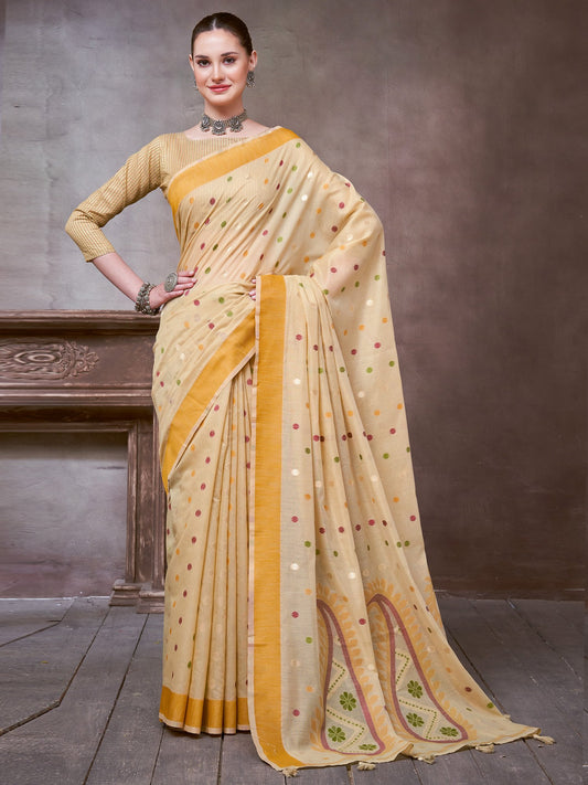 Cream Beige Khadi Linen Woven Saree