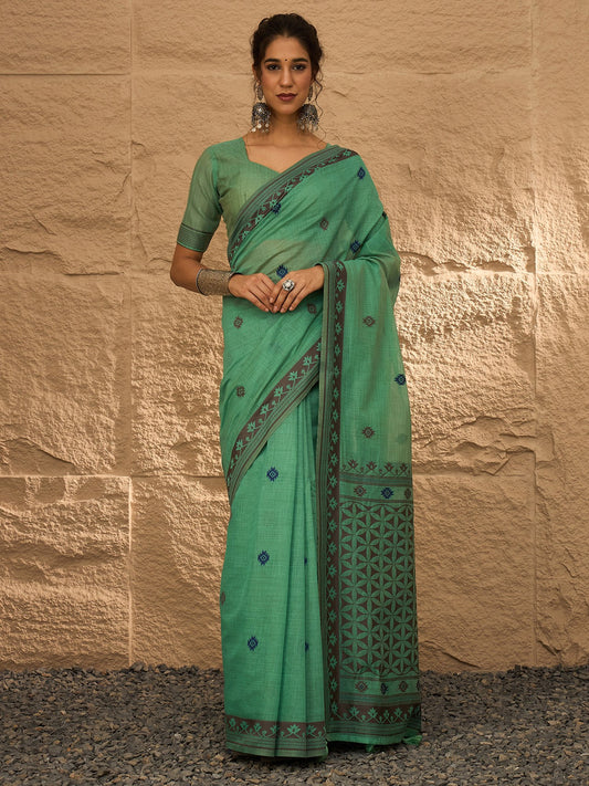 Green Sea Khadi Linen Woven Saree