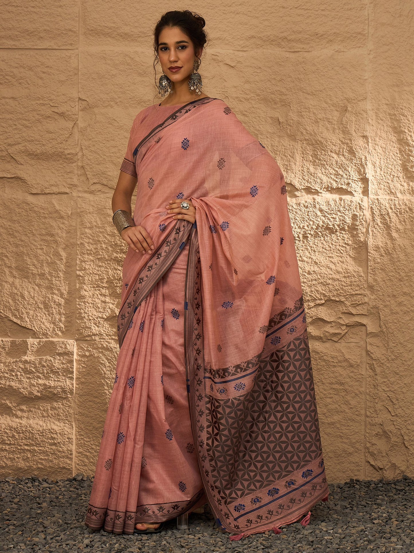Peach Khadi Linen Woven Saree