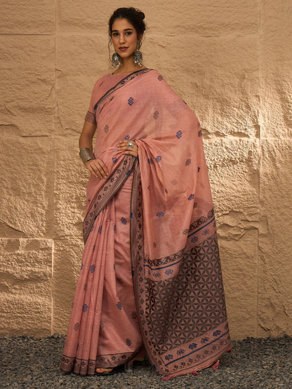 Peach Khadi Linen Woven Saree