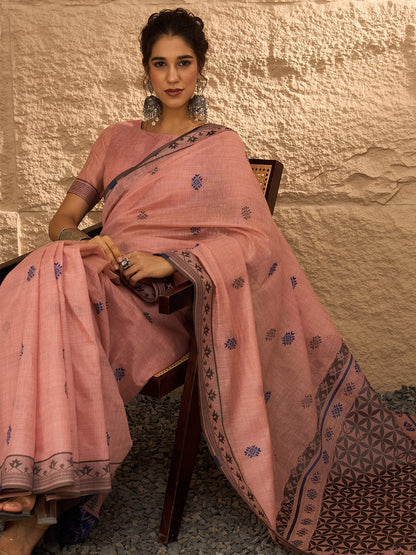 Peach Khadi Linen Woven Saree
