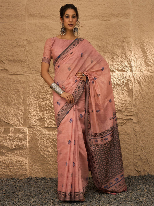 Pink Peach Khadi Linen Woven Saree