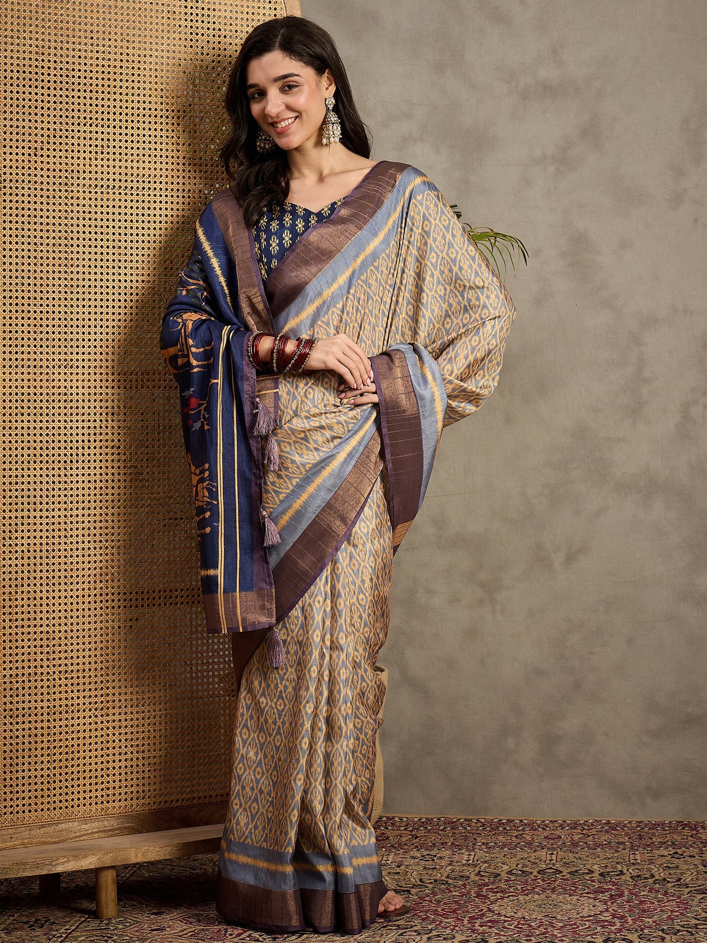 Beige Banarasi Silk Blend Printed Saree