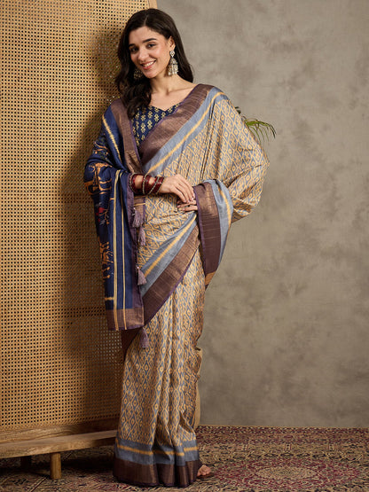Beige Banarasi Silk Blend Printed Saree