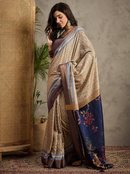 Beige Banarasi Silk Blend Printed Saree