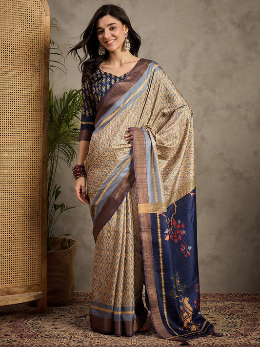 Grey Beige Banarasi Silk Blend Printed Saree