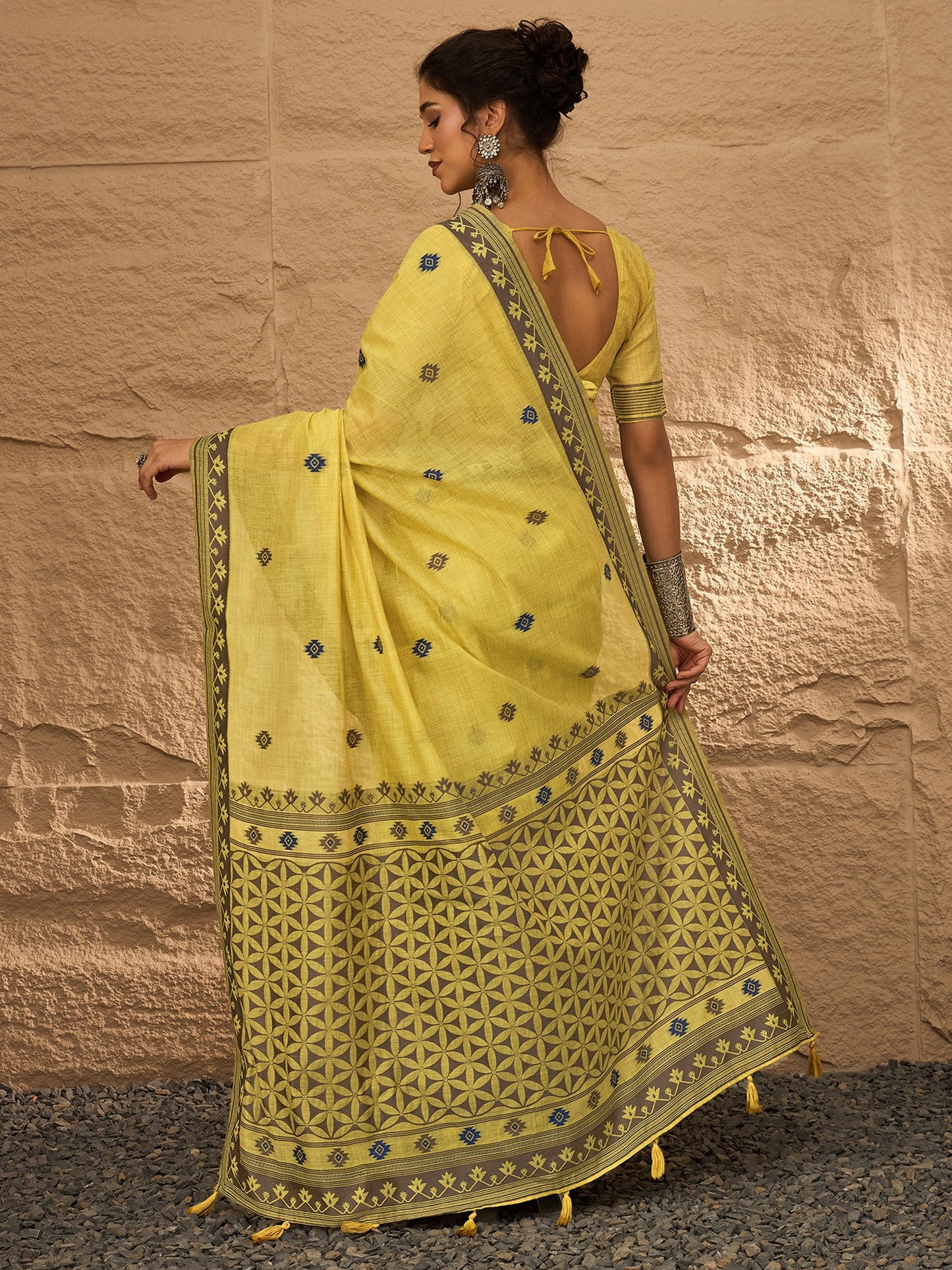 Yellow Khadi Linen Woven Saree