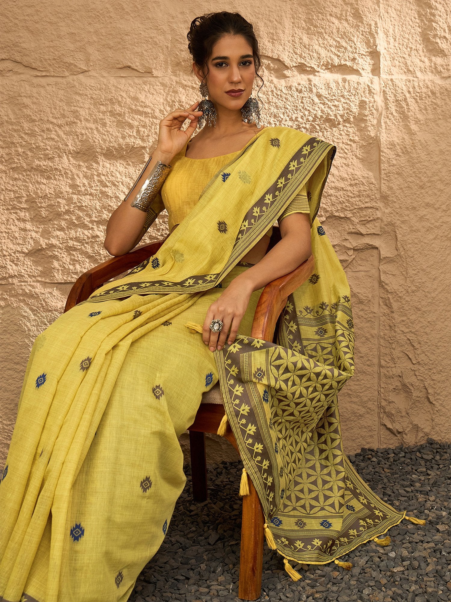 Yellow Khadi Linen Woven Saree