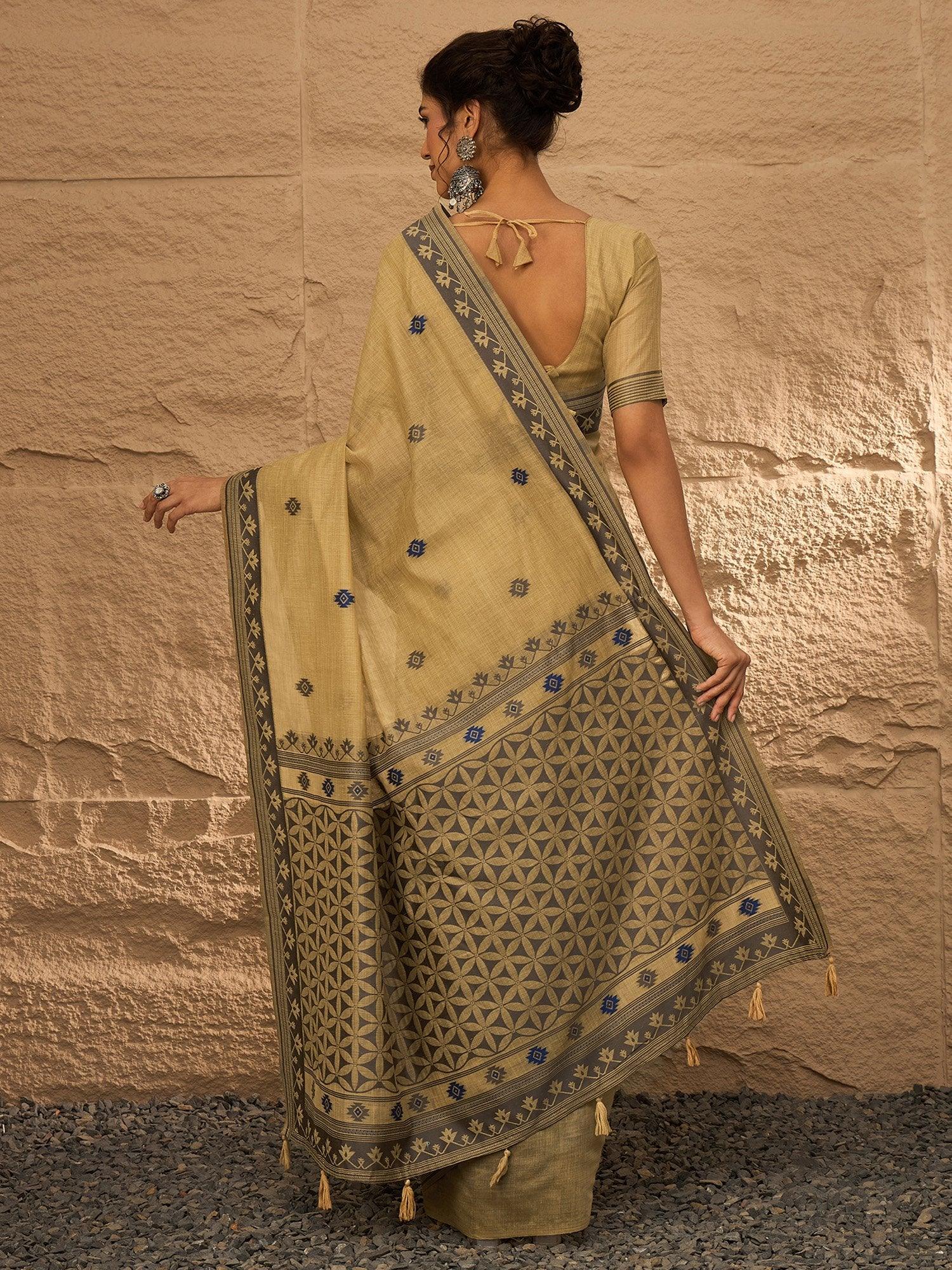 Beige Khadi Linen Woven Saree