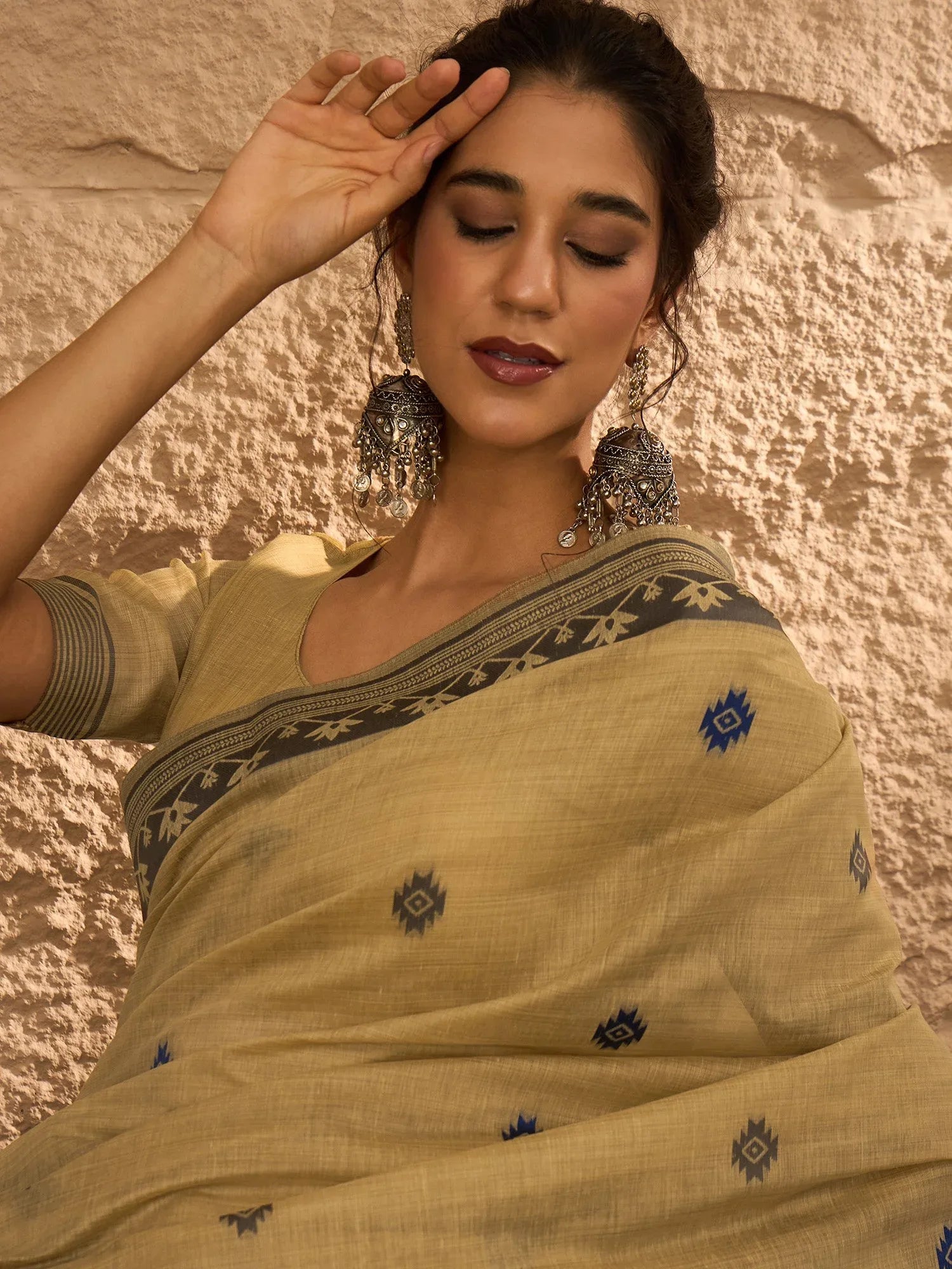Beige Khadi Linen Woven Saree