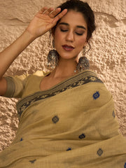 Beige Khadi Linen Woven Saree