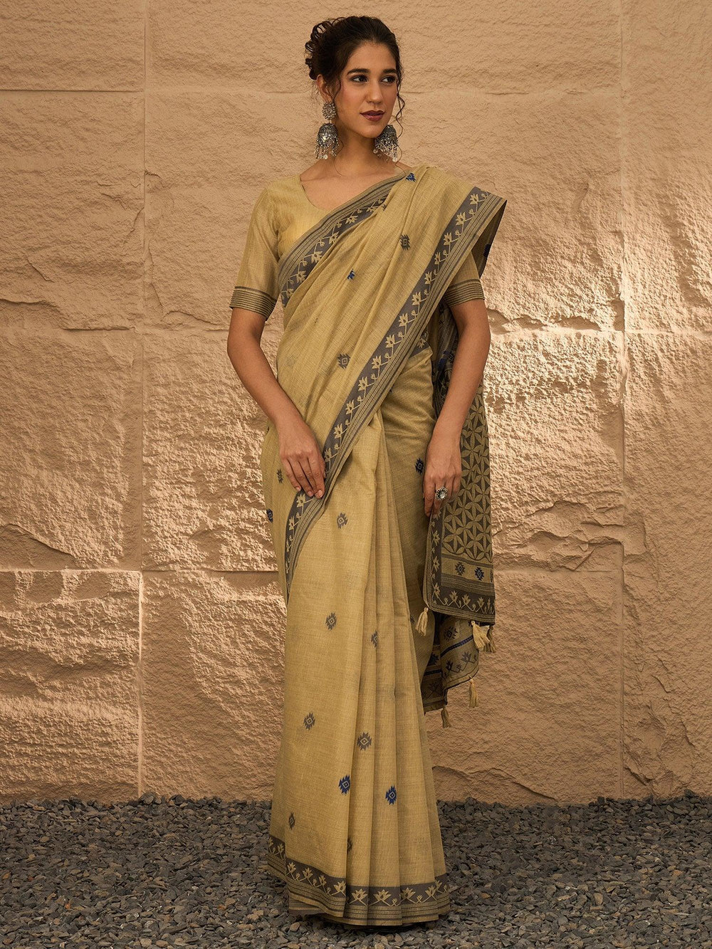 Golden Beige Khadi Linen Woven Saree
