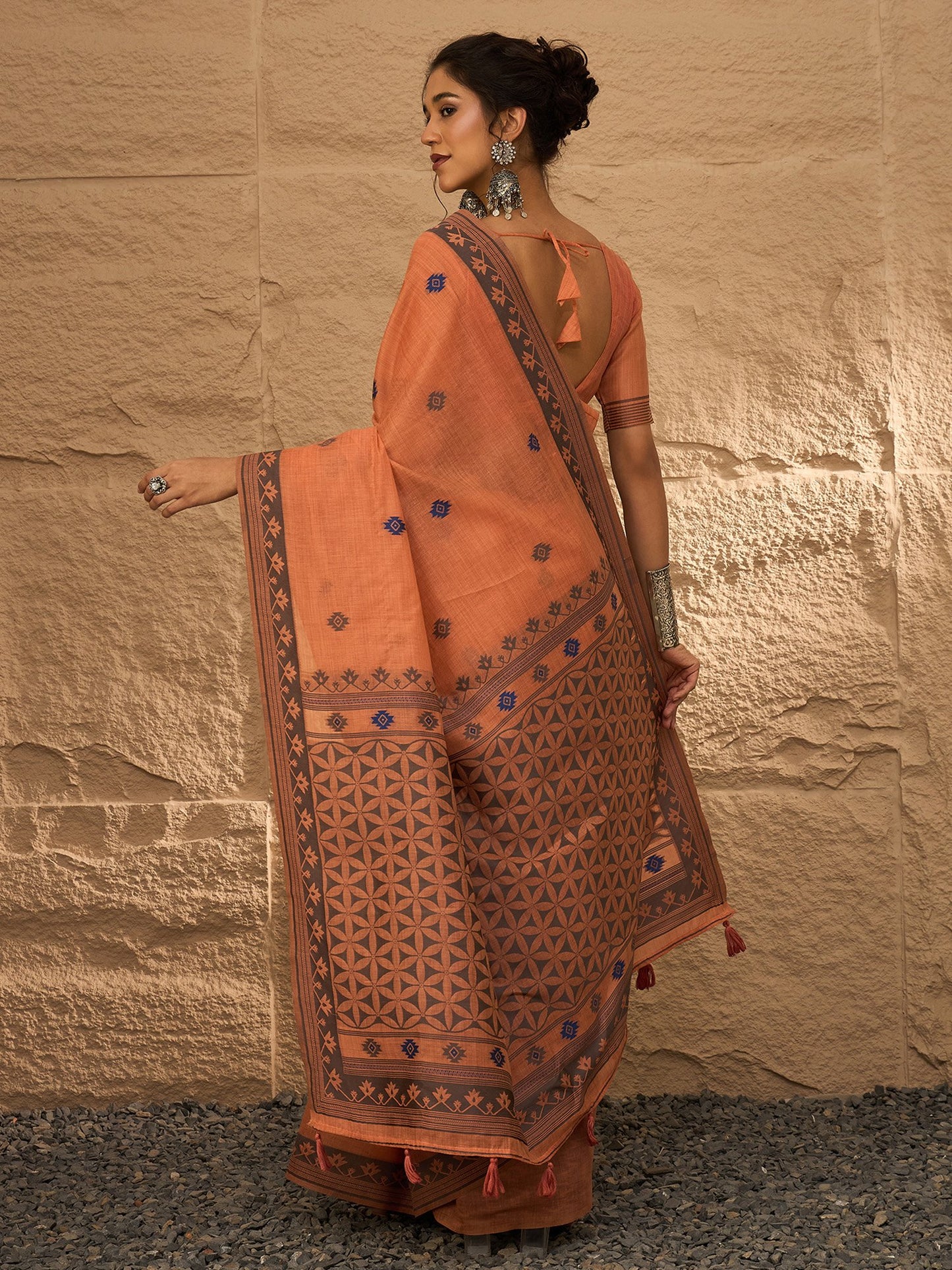 Peach Khadi Linen Woven Saree